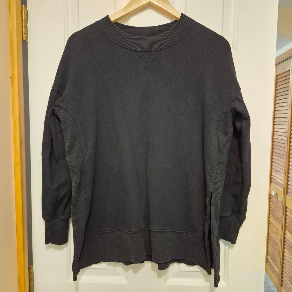 Aerie Women Black Oversized‎ Crewneck Sweatshirt Ribbed Side Slit M 4427460265